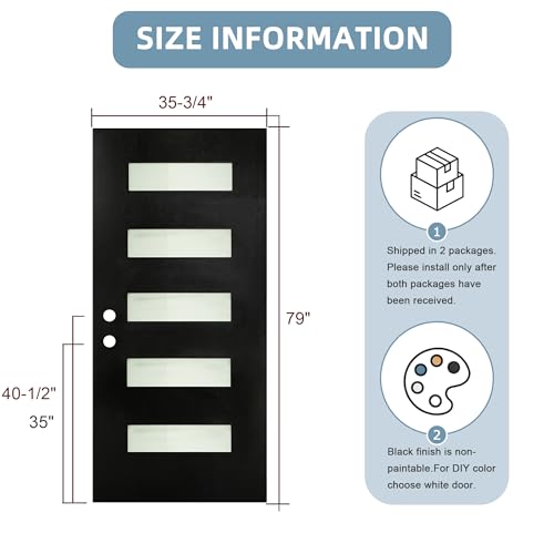 Image of Casaphoria 36 inch x 80 inch Fiberglass Entry Door with White 4-9 /16 inch Vinyl Frame,Right Hand Inswing Exterior Door with Brickmould,Contemporary 5-Lite Knock-Down Front Door for Home Entrance, Balck