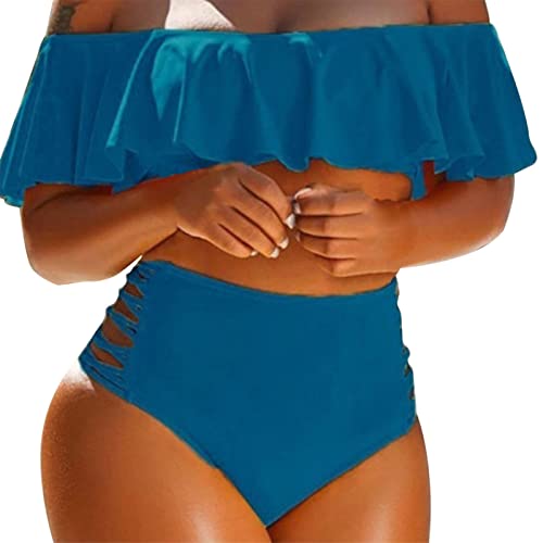 Conjunto de bikini sexy para mujer, parte inferior de bikini de color sólido, traje de baño con volantes, traje de baño con volantes, traje de baño para la playa, conjunto de bikini con soporte, azul,