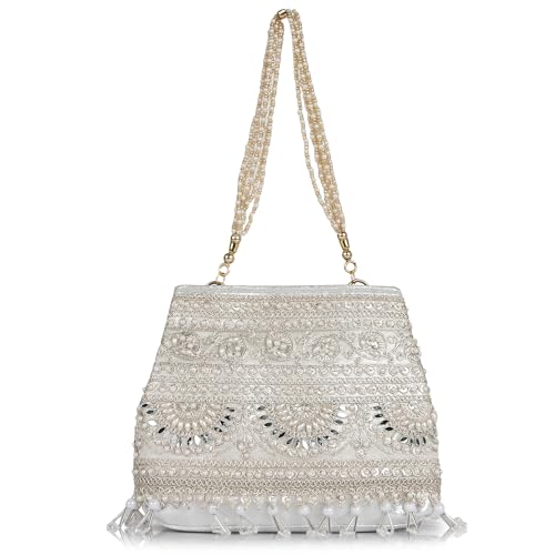 Image of Nevis Stylish Embroidery Unique Design Traditional Wedding Party Handheld Potli Bag For Women (SILVER)