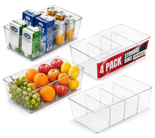 Oizeir Clear Pantry Organizer Bins 4-Pack - Fridge Organizer with 3 Removable Dividers - Kitchen Pantry Organizers & Storage - Storage Cabinet Snack