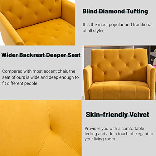 Joybase Velvet Accent Chair, Velvet Armchair, Mid Century Modern Chair With Metal Legs, Tufted Accent Chair, Comfy Reading Chair, Arm Chair For Living Room, Bedroom (Yellow) #TOP3