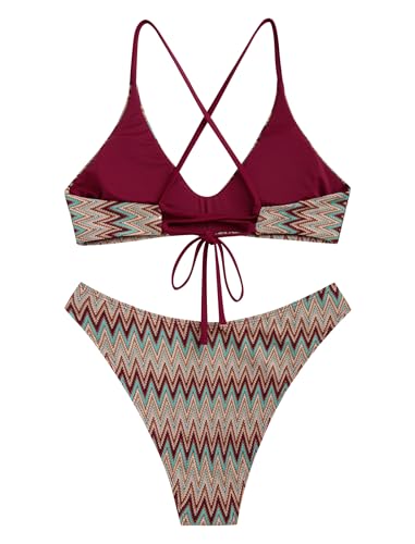 Image of ZAFUL Women's Tie Back Padded High Cut Bralette Bikini Set Two Piece Swimsuit