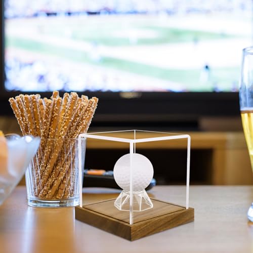 Image of Clear Acrylic Golf Ball Display Case with Wood Base & Acrylic Holder, Memorabilia Stand Cube Holder, Dust Protection Transparent Storage Box for Single Ball Souvenir Golfball Collections