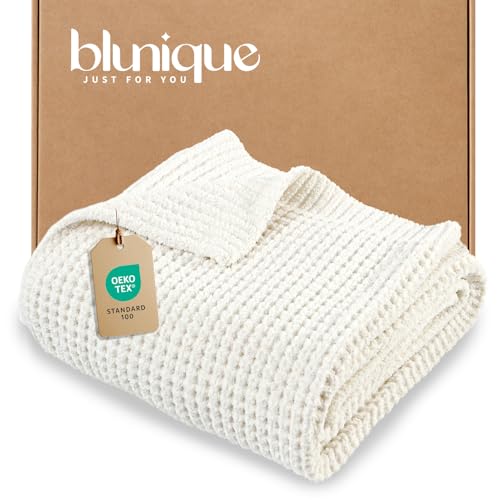 blunique Waffle Knit Throw Blanket, Luxury Cozy Chunky Knit Throw Blanket for Couch, 50 x 60 Inch Thick Ultra-Soft Feather Yarn Knitted Blanket for Sofa, Bed, Home Decor - Off White
