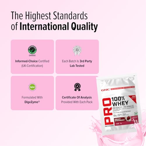 Image of GNC Pro Performance 100% Whey Protein | New Formulation | 24g Protein, 5.7g BCAAs, 12.3g EAAs | Added DigeZyme | Whey Isolate & Concentrate Blend, Low Carb (4.51g), No Added Sugar | Creamy Strawberry, 35g