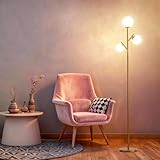 Fiqevs 3 Globe Mid Century Floor Lamp, Vintage Standing Lamp with 3 LED Bulbs & Sphere Frosted Glass Shades, Modern Gold Tree Floor Lamp for Living Room, Bedroom, Office