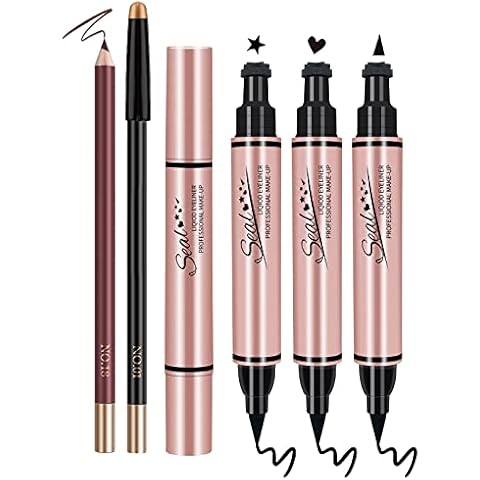5 Pack Liquid Eyeliner Black Eyeliner Stamp Double-headed Waterproof Eyeliner with Heart/Star/Triangle Seal Stamp and 2 Eyebrow Pencil, Long Lasting Smudge Proof Eye Makeup Stamps Tattoo Makeup Tool Cover