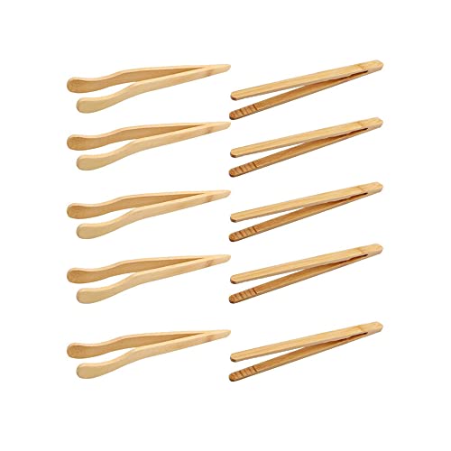 Bambus-Lebensmittelklammern, 10 Stück, Bambuszange, Holzzange, kleine Teezange, Toastzange, Bambus-Küchenzange für Toast, Tee, Sushi (5 gerade Zangen und 5 gebogene Zangen) Cover