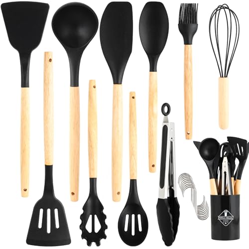 Küchen helfer Set, 22 teiliges Silikon Kochset Küchen Zubehör, Antihaft, Spülmaschinenfest-Ideal für Küche, Küchendeko und Kochlöffel Set (11 Kochutensilien)-Schwarz