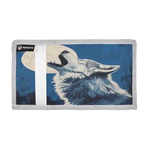 Wolf Moon Howl Blue Kids Wallet for Boys Girls Outdoor Sport Trifold Wallets for Youth Teen Child Wallet with Zippered Coin Pockets Card Holders Front Pocket Wallets with Magic Sticker