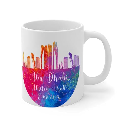 Tasse à café en céramique blanche brillante des Émirats arabes unis Abu Dhabi, peinture de rue des États-Unis, bâtiment d'État, tasse à café amusante pour gym, cadeau d'anniversaire, de Nouvel An,