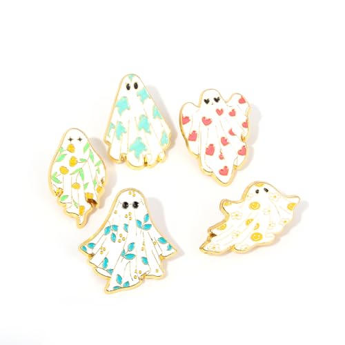 Image of 5Pcs Halloween Ghost Enamel Brooch - Pumpkin Reaper /Death's Scythe Devil Boo Lapel Pin - Cute Flower Smile Heart leaves Pattern Badges Gifts for Women Men