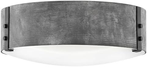 Hinkley Sawyer Medium Flush Mount Ceiling Light, Three Light, Damp Rated, Indoor/Outdoor, Etched Glass Shade, Distressed Black Accents, Aged Zinc Finish