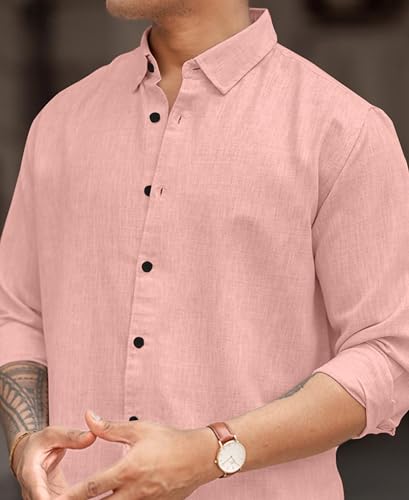 Image of Men's Solid Linen Blend Cotton Shirt | Full Sleeve Plain Shirt for Men | Regular Fit Casual & Formal Wear