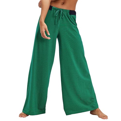 Striped Wide Leg Pants Woman Drawstring Elastic Waistband High Waisted Long Lounge Trousers Summer Beach Palazzo Pant