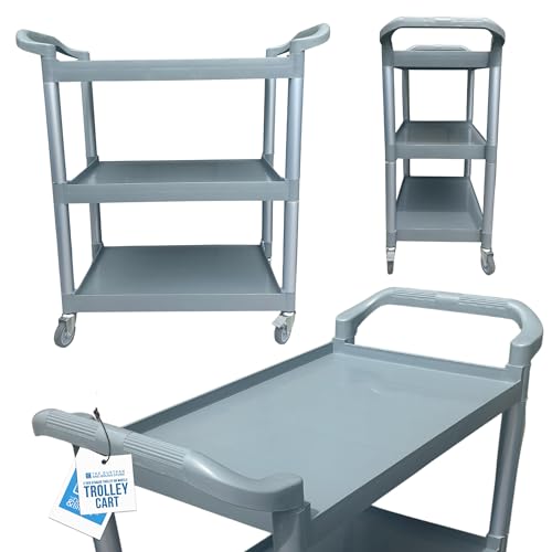 TDBS The Dustpan and Brush Store 3 Tier Trolley on Wheels - Catering Serving Trolley Versatile & Durable Plastic with 4 Wheels & Handle Perfect for Kitchen Storage Tea Food Serving