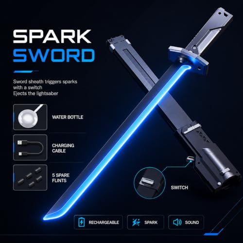 Image of Tinsley Cyberpunk LED Spark Katana Sword with Sound & Fog, Type-C Rechargeable, 7-Color Light Up Glowing Neon Blade, Hit Sensor Katana Toy for Kids & Adults, Cosplay