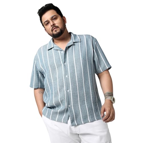 Image of Urbano Plus Men's Cotton Half Sleeve Relaxed Fit Linen Striped Shirt with Cuban Collar