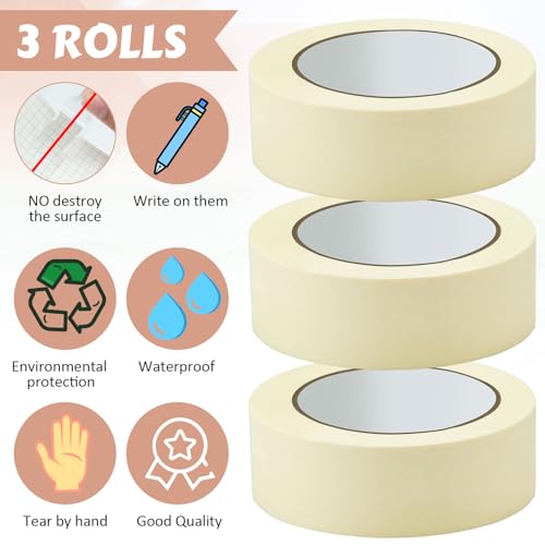 Image of Fainne 3 Rolls 1.88 Inch Masking Tape Bulk 55 Yards | General Purpose Tape for Classroom, Labeling, Crafts, Office, School Projects, Easy Tear & Clean Removal, Beige White