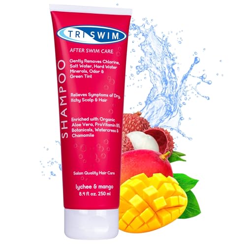 TRISWIM Shampoo zur Chlorentfernung | Pflege nach dem Schwimmen | Feuchtigkeitsspendendes Veganes Anti-Chlor Shampoo for Schwimmer | Litschi-Mango (250ml)