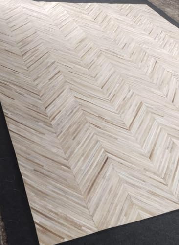 Image of Handmade Leather Area Rug, Luxurious Beige Chevron Pattern Artisan-Crafted Genuine Leather Rug Modern Living Room Leather Carpet Vinatge Area Rug for Bedroom Size: 9.9X14 ft
