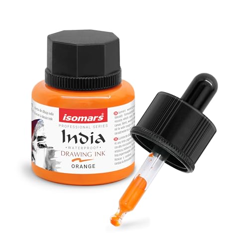Image of Isomars Waterproof Drawing Ink with Dropper - 35ml | India Ink for Calligraphy, Art, Technical Drawing | Fade-Resistant & Quick-Drying (Orange)