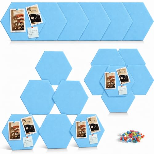 Image of Quiet Canvas Hexagon Pinboard, 1x1 ft, Pack of 8, 50 PushPins, (Blue)