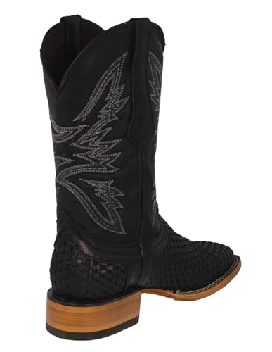 Mens Black Western Cowboy Boots Woven Leather Square Toe Botas Tejida3