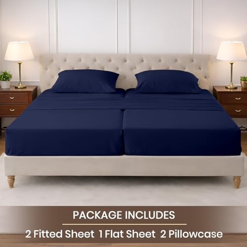 Image of SGI Split King Sheet Set for Adjustable Bed Egyptian Premium Cotton 600 Thread Count Sheets for Sleep Number Bed 15 inch Deep Pocket 5 Pc Set with 2 Twin XL Fitted Sheets Soft Breathable -Navy Blue