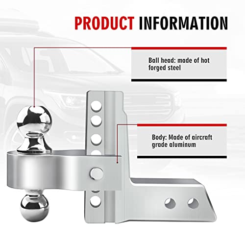 Yizbap Aluminum Adjustable Trailer Hitch, Fits 2" Receiver, 6" Drop/Rise Drop Hitch, 12500 Lbs Gtw, Ball Mount, 2" And 2-5/16" Dual Towing Ball With Double Locks #TOP2