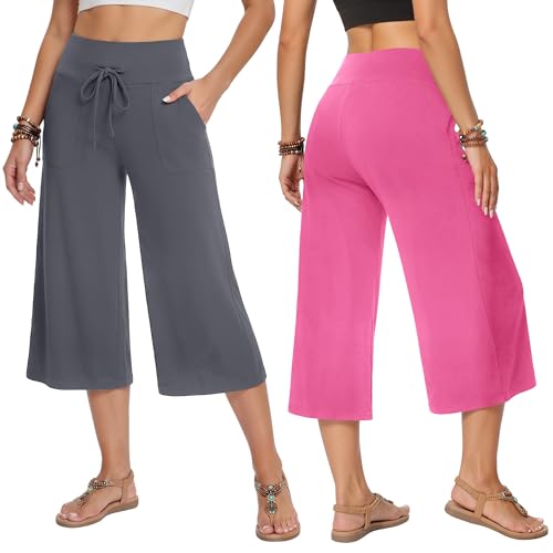 Image of TNNZEET 3 Pack Women's Wide Leg Pants with Pockets - Casual Loose Yoga Trouser Pants Sweatpants Palazzo Lounge Pajama Pants