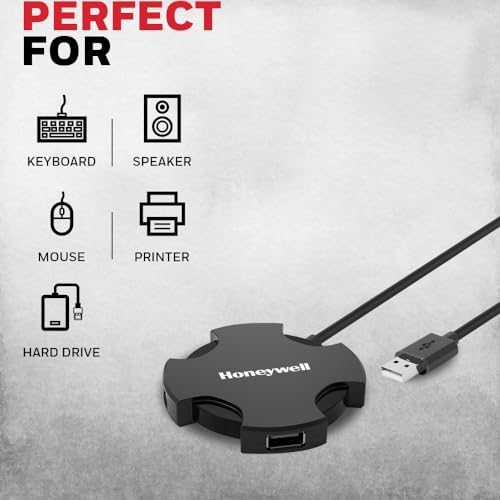 Image of Honeywell 4 in 1 Ultra Slim USB Hub 2.0,1.2Meter(4 feet) Cable, with a Transfer Speed of 480MBPS, Universally Compatible with All USB PC Speaker Laptop Hard Drive Keyboard Printer Pen Drive