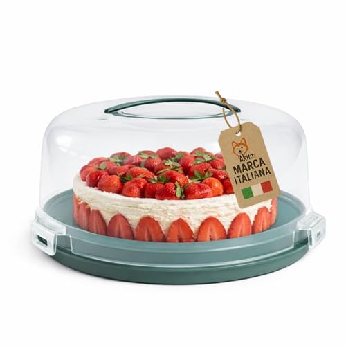 AKITAInk Porta Torta con Coperchio e Manico 30 cm - Campana Trasparente con 3 Chiusure di Sicurezza, Base Verde con Scomparti Portamuffin, H 15 cm