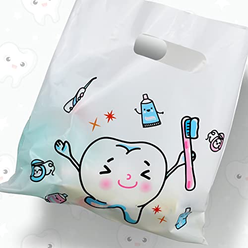 Image of Jetec 200 Pcs Dental Bag Bulk Tooth Merchandise Goodie Bag with Handles Plastic Tooth Dental Gift for Dentist Hygienist Appreciation Packaging Souvenir Gift Retail Party Favor 8.18 x 9.25 Inch(Sweet)