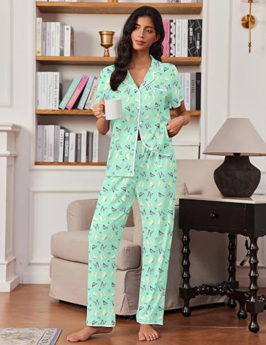 Image of Ekouaer Pajamas for Women Set Button Up Soft Pjs Short Sleeve 2 Piece Lounge Sets Comfy Sleepwear