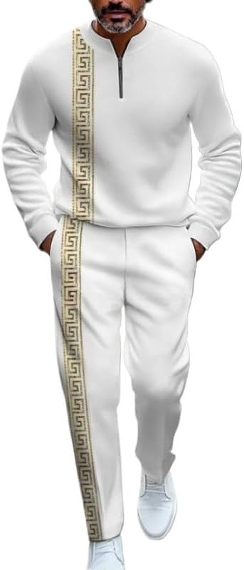 Men's 2-piece casual wear long sleeved shirt pants color blocked round neck sportswear jogging two-piece set