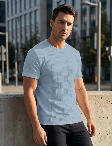 Image of JMIERR Mens T-Shirt Casual Stretch Solid Crewneck Short Sleeve Tees Textured Shirts