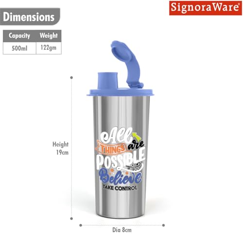 Image of SignoraWare Jumbo Stylish Stainless Steel Sipper | Airtight & Leakproof Lid | Easy to Clean & Carry | Ideal for Kids, Office, Gym, Travel, School & Outdoor Use (500ml | Blue)