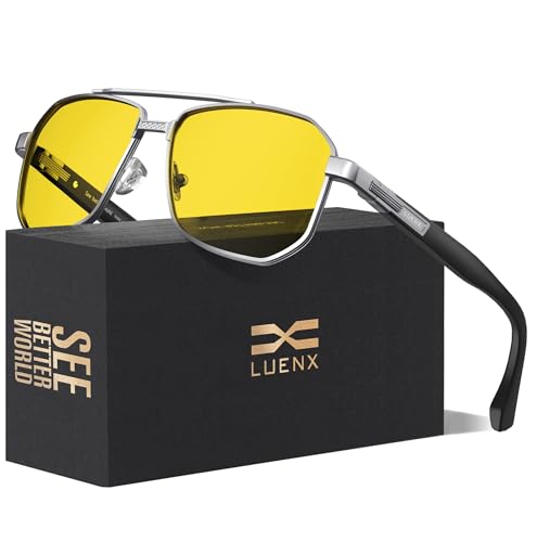 LUENX Mens Aviator Sunglasses Square Polarized Polygon Driving UV 400 Protection 61mm-Yellow Lens Night Driving Glasses