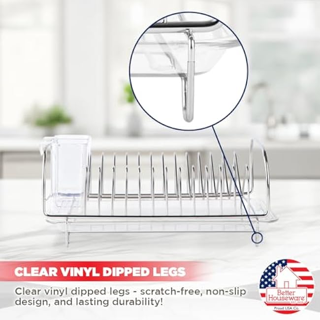 Better Houseware Stainless Steel Dish Drainer with Clear Plastic Tray and Cutlery Holder, Compact Space-Saving - Holds up to 12 Plates