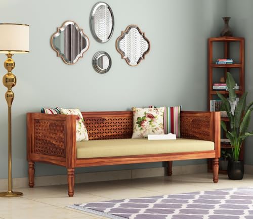 Image of ONIJA Solid Sheesham Wood Diwan Sofa Cum Bed Without Cushion | Traditional Wooden Daybed with Carved Backrest | 3 Seater Sofa for Living Room, Bedroom & Home (Honey Finish)