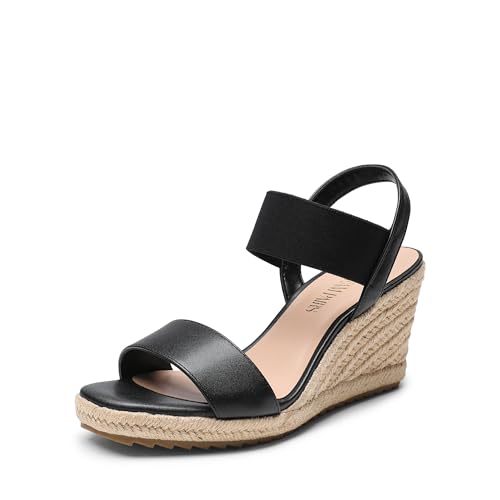 DREAM PAIRS Womens Open Toe Espadrilles Dressy Platform Sandals Slip on Elastic Ankle Strap Wedges Sandals 6 Black-pu