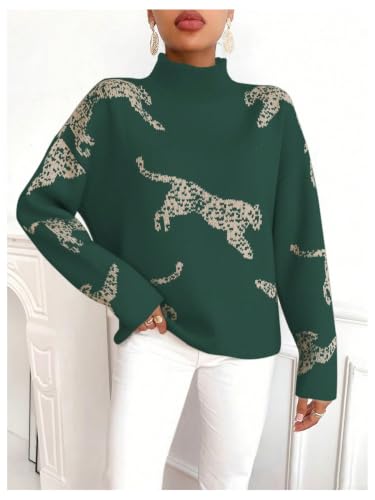 Image of WDIRARA Women's Leopard Tiger Print Sweater High Neck Long Sleeve Fuzzy Knitted Pullover Top