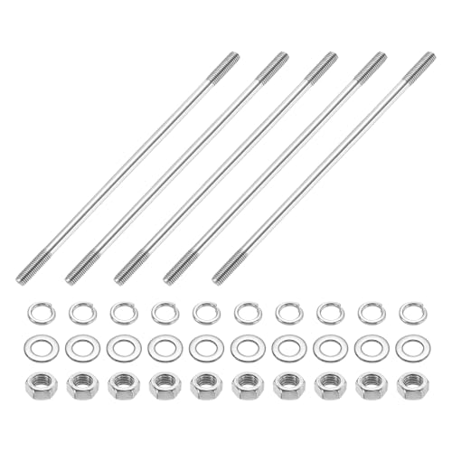 sourcing map 5 viti a doppia estremità, M5 x 140 mm, in acciaio inossidabile 304, a doppia filettatura, con dadi e rondelle piatte e di bloccaggio, vite filettata a doppia estremità, per la