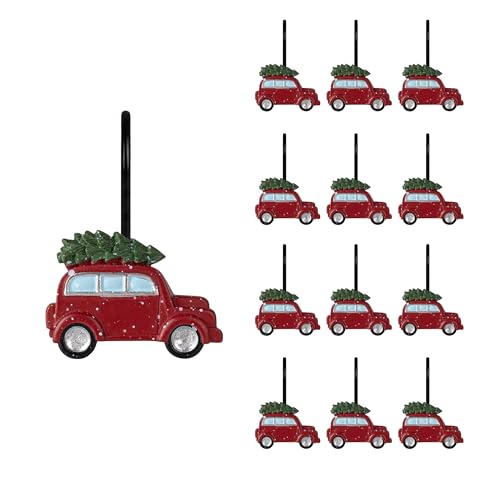 Sunlit Christmas Shower Curtain Hooks, Vintage Red Truck with Snow, Xmas Tree Shower Curtain Rings with Black Hooks, Resin, Rustic Farmhouse Christmas Decor, Winter Bathroom Decoration, Set of 12