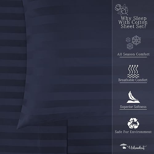 URBANHUT 800 Thread Count Egyptian Cotton Damask Striped Twin Size Sheets Set (4 Pc) - Ultra Soft & Smooth, Sateen Weave Twin Size Bed Sheets, Luxury Hotel Sheets with 16" Deep Pocket - Navy Blue