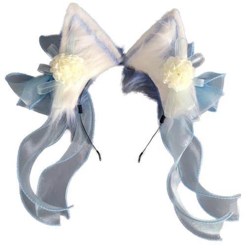 Diadema para el pelo con orejas de gato, lazo y flores de estilo chino