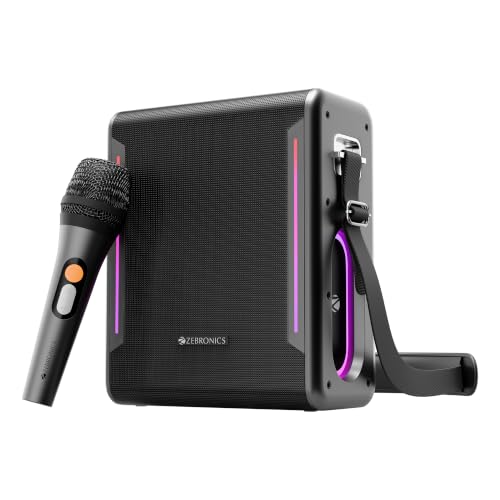 Image of ZEBRONICS Axon 150 Portable Bluetooth Speaker, 100W RMS, Built-in Power Bank, Zeb AcoustiMax DSP, Dual Passive Radiators, Up to 7h Playback, RGB Lights, BT v5.3, USB, mSD, AUX, Wireless Mic (Black)