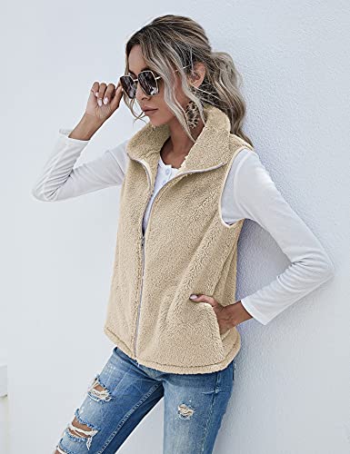Raphin Damen Mantel Herbst Casual Leicht Ärmellos Weste Damen Lang Einfarbig Elegant Mode Kunstfell Weste Mit Taschen(Khaki,M)