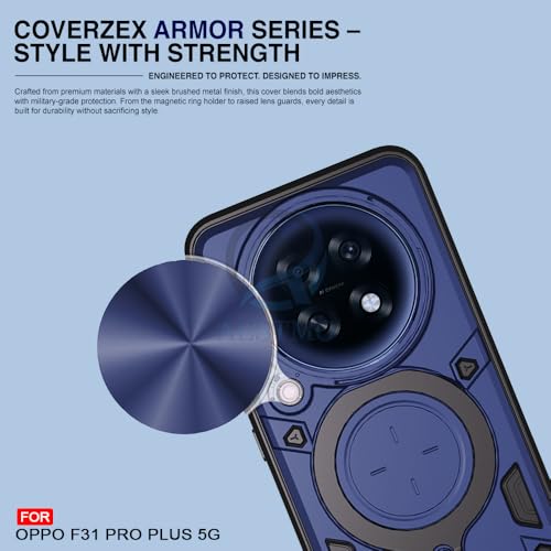 Image of AESTMO Armor Oppo F31 Pro Plus 5G Bumper Back Case Cover | Ring Holder & CD Pattern Sliding Camera Shutter Cover | Back Case Cover for Oppo F31 Pro Plus 5G (Blue)